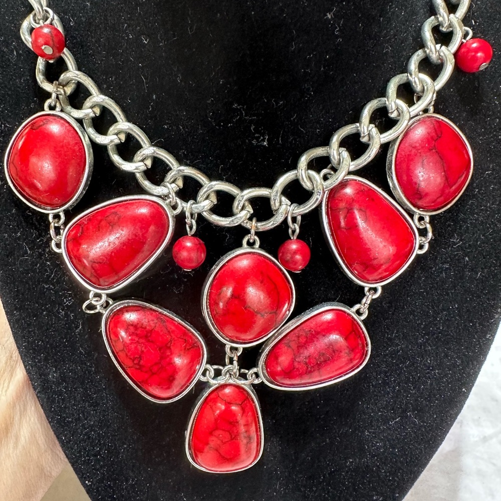 Silver Tone Red Statement Necklace - image 1